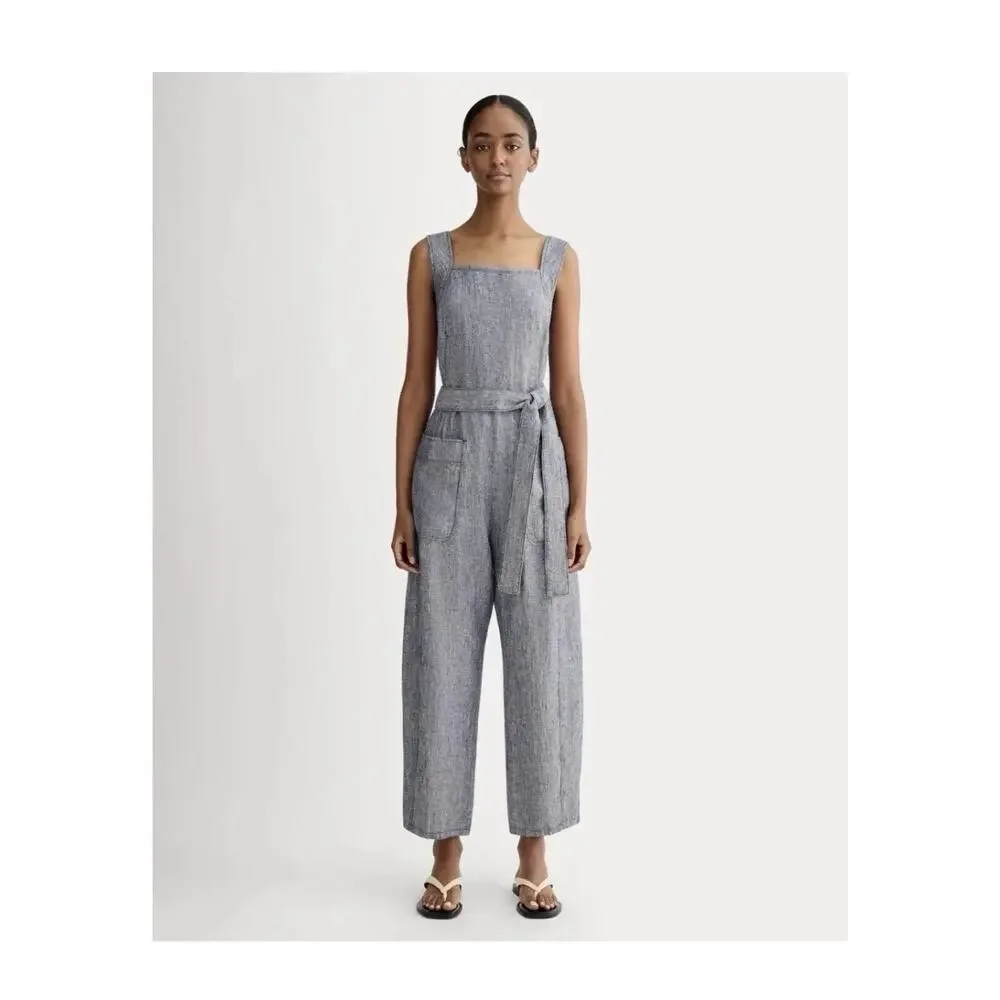 Everlane Linen Square Neck Utility Jumpsuit Navy Chambray 16 NWT